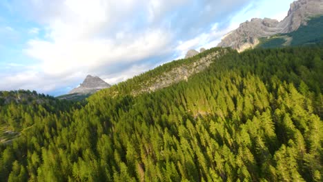 Bosque-Alpino-En-Un-Valle-En-Véneto,-Italia,-Con-La-Cordillera-De-Los-Dolomitas-Al-Fondo-Al-Atardecer