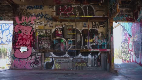 A-Graffiti-Covered-Electrical-Wall-with-a-large-pink-head-design-inside-the-abandoned-fork-chiniki-gas-station-near-Canmore-Alberta-Canada