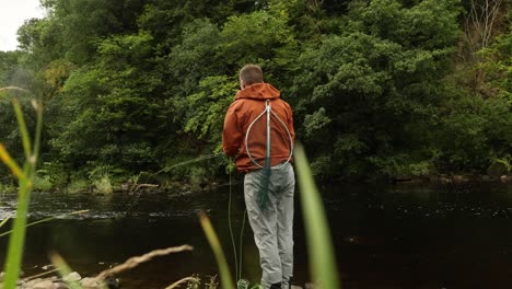 Low-angle-shot-of-a-fly-fisherman-catching-a-trout-in-a-fast-flowing-stream-in-Scotland