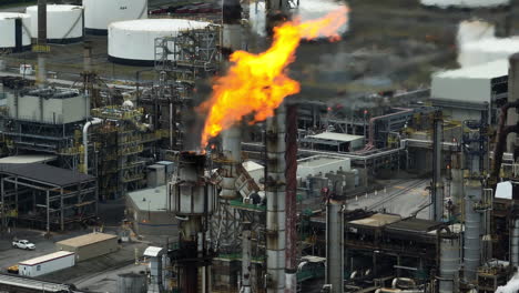 Aerial-view-of-oil-refinery-and-exhaust-flame