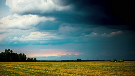Stormy-weather-cloudscape-time-lapse-over-farm-fields