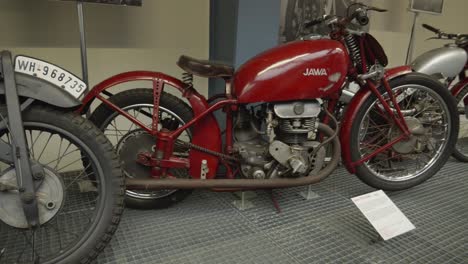 Vintage-Jawa-motorcycle-in-National-Technical-Museum-in-Prague,-Czech-Republic