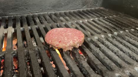 Raw-Hamburger-patty-cooking-on-a-flame-lit-grill