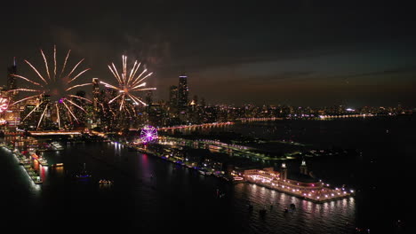 Chicago-Navy-pier,-during-nighttime-independence-day-celebration---Aerial-view
