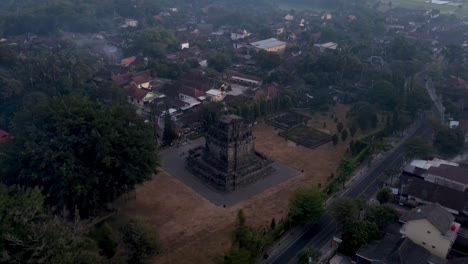 Mendut-Temple-and-township-in-Central-Java,-Indonesia,-aerial-drone-view