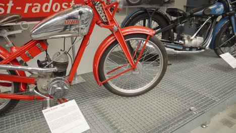 Red-Vintage-Jawa-motorcycle-in-National-Technical-Museum-in-Prague,-Czech-Republic