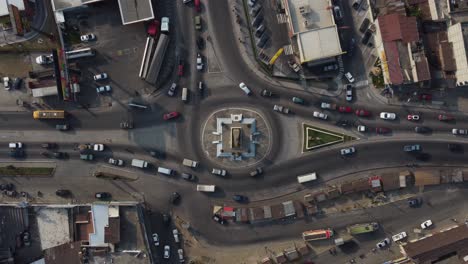 Downward-aerial-view-of-vehicles-driving-on-traffic-circle-roundabout