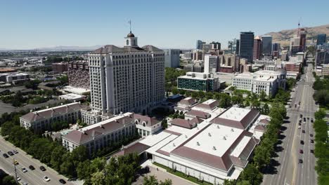 Grand-America-Hotel-in-Downtown-Salt-Lake-City,-Utah---Aerial-Drone-View