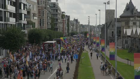 Trucks-and-crowd-during-the-Antwerp-Pride-Parade-2023-in-Belgium