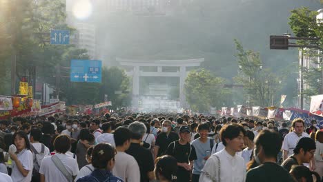 Bustling-crowd-at-Japanese-Summer-Festival-Rokugatsudou-at-Terukuni-Shrine