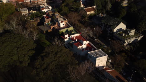 Top-view-of-the-neighborhood,-calm-residential-area-in-Buenos-Aires,-low-minimalist-houses