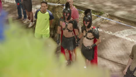 Spectators-dressed-as-gladiators-during-the-Antwerp-Pride-Parade-2023-in-Belgium