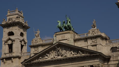 Pan-across-Justice-Palace-Budapest-Rooftop-decorations,-Statues-and-Towers