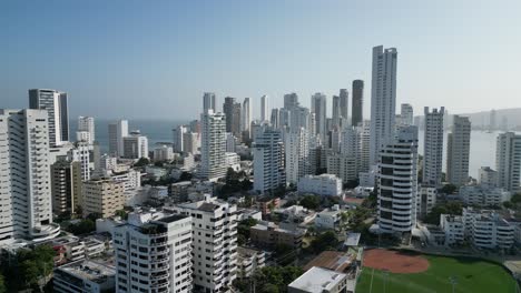 Breathtaking-drone-shot-of-the-downtown-Cartagena-Colombia-skyline