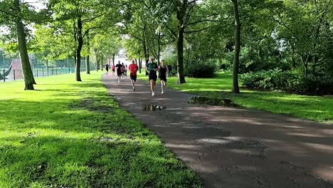 Slow-motion-group-of-people-running-together-in-charity-marathon-in-shaded-public-park
