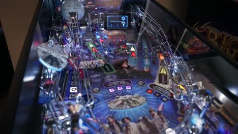 Closeup-shot-of-a-Star-Wars-themed-pinball-gaming-machine