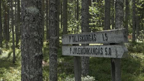 Wooden-direction-sign-boards-in-hiking-trail-forest,-national-park,-Finland