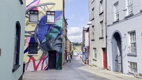 Viking-triangle-Waterford-street-art-on-an-old-historic-building-and-street-leading-to-the-Quays-and-Suir-river-summer-day