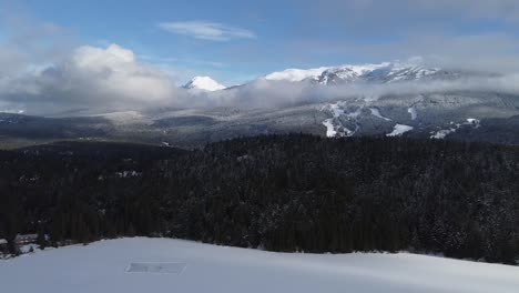 Zugefrorener-See-Mit-Umliegendem-Kiefernwald-Und-Schneebedeckter-Bergkette-Im-Winter-In-Whistler,-Kanada