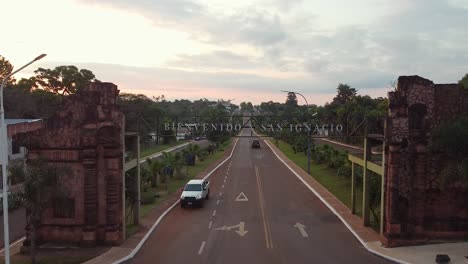 Aerial-view-of-the-entrance-to-the-historic-town-of-San-Ignacio-during-sunset