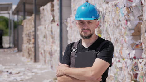 Half-body-portrait-shot-of-worker-at-recycling-plant,-slomo-push-in