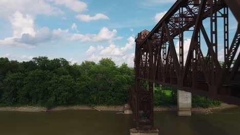 Aerial-Drone-View-Of-Old-Railroad-Track-In-Twin-City-Riverfront-Park,-Arkansas-USA