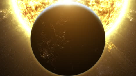 Eine-Fesselnde-Grafikanimation-Des-Planeten-Erde,-Der-An-Der-Sonne-Vorbeizieht-Und-Eine-Sonnenfinsternis-Verursacht,-Die-Das-Sonnenlicht-Teilweise-Verdeckt