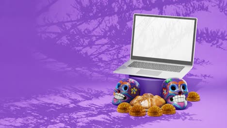 Laptop,-Skulls,-Day-of-The-Dead-Festival,-Dia-de-Muertos-,-Purple-Background,-Mockup,-Mexico