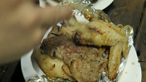 grilled-seasoned-chicken-and-pork-in-foil-paper