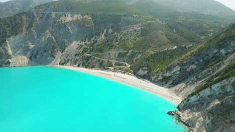 Wide-Aeral-Myrtos-Beach,-Kefalonia-Island,-Greece