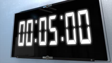 High-quality-CGI-render-of-a-digital-countdown-timer-on-a-wall-mounted-screen-on-a-white-wall,-with-glowing-white-numbers,-counting-down-from-10-to-zero,-with-dramatic-right-to-left-camera-move