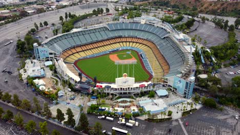 Birds-eye-view-drone-shot-large-open-air-sport-stadium-and-baseball-pitch
