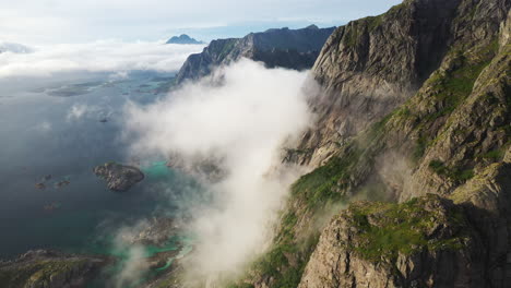 Cinematic-drone-footage-of-Festvågtind,-Lofoten-Islands,-Norway