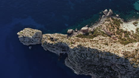 Rugged-Landscape-At-Punta-Roja-In-Ibiza,-Spain---aerial-top-down