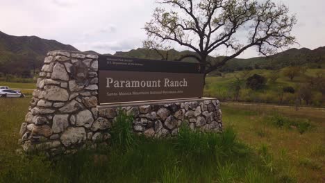 Gimbal-static-close-up-shot-of-the-entrance-sign-to-the-ruins-of-Paramount-Ranch-in-Agoura-Hills,-California