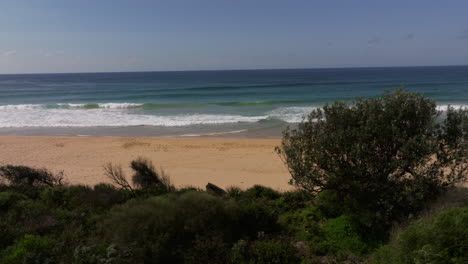 Drone-revealing-shot-of-empty-Gillards-beach-in-Australia-on-a-sunny-day