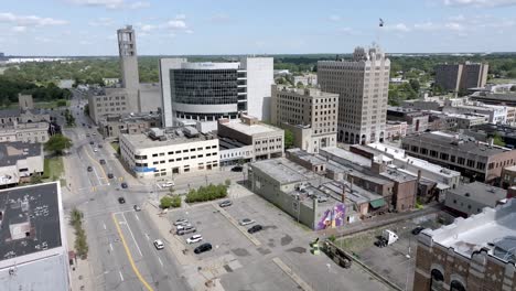 Pontiac,-Michigan-downtown-skyline-with-drone-video-close-up-moving-in