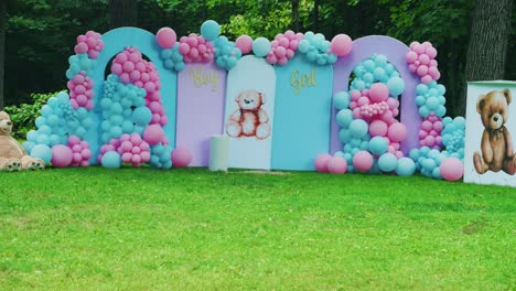 Boy-or-Girl-gender-reveal-party-outside,-beautiful-backdrop-with-colored-Pink-and-blue-ballons-and-teddy-bears-for-guests-to-take-pictures