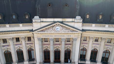 Aerial-Closeup-View-Of-The-Central-University-Library-In-Bucharest,-Romania,-Old-Watch,-Historic-Building