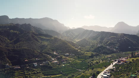 Beautiful-Drone-Shot-of-Lush-Mountains-and-Village-in-La-Gomera,-Canary-Island