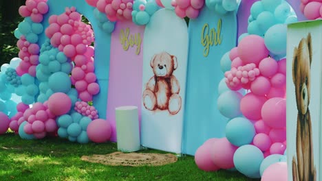 Seitenansicht-Der-Gender-Enthüllungsparty-Für-Jungen-Oder-Mädchen-Draußen,-Wunderschöne-Kulisse-Mit-Farbigen-Rosa-Und-Blauen-Luftballons-Und-Teddybären-Für-Gäste-Zum-Fotografieren