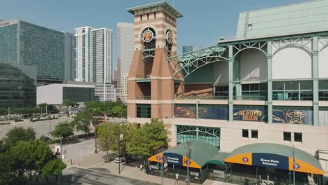 Aerial-drone-view-of-the-clock-tower-and-home-plate-entrance-to-Minute-Maid-Park,-home-of-the-Houston-Astros,-in-Houston-Texas