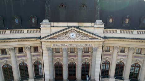 Aerial-Closeup-Of-The-Central-University-Library-In-Bucharest,-Romania,-Old-Watch,-Historic-Building