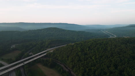 Panoramic-View-Over-Highway-Bridge-Near-Lake-Fort-Smith,-Arkansas,-USA---drone-shot