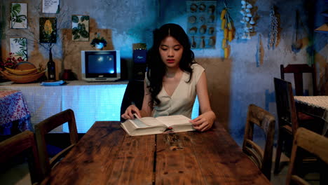 Asian-girl-reading-book-at-dining-table,-static-closeup