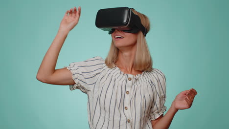 Woman-using-virtual-reality-futuristic-technology-VR-headset-helmet-to-play-simulation-3D-video-game