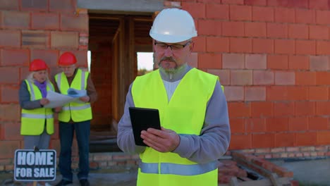 Builder-engineer-architect-operate-with-digital-tablet-to-control-working-at-construction-house-site