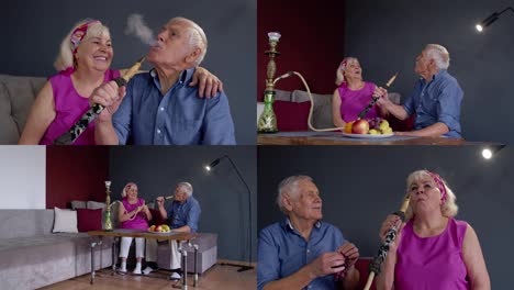 Elderly-couple-smoking-hookah-at-home.-Senior-grandmother-and-grandfather-having-fun,-relaxing