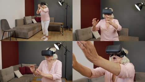 Ältere-Großmutter-Mit-Virtueller-Headset-Brille,-Die-Zu-Hause-Erstaunliche-3D-Videos-Im-VR-Helm-Anschaut