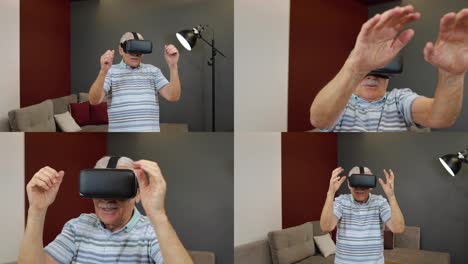 Älterer-Großvater-Mit-Virtueller-Headset-Brille,-Der-Zu-Hause-Erstaunliche-3D-Videos-Im-360-VR-Helm-Anschaut